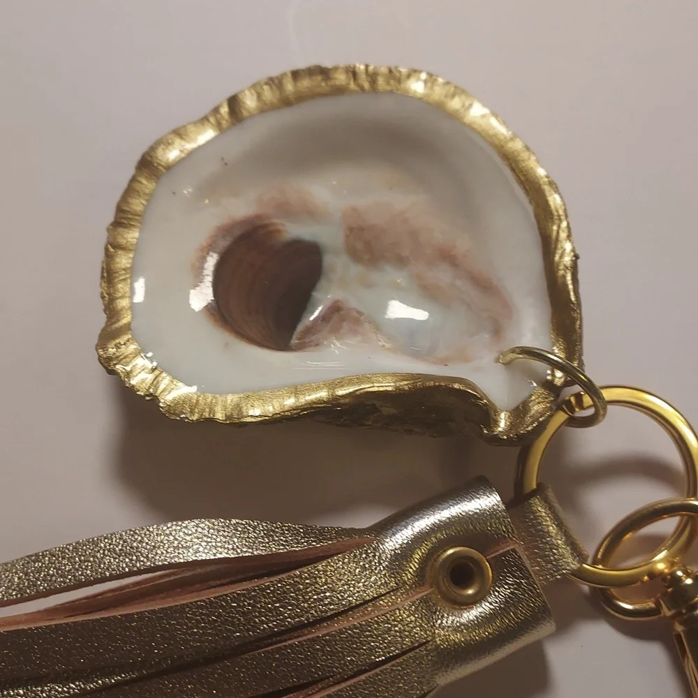Oyster Shell Keychain Purse Charm With Leather Tassel Gold and White Coastal